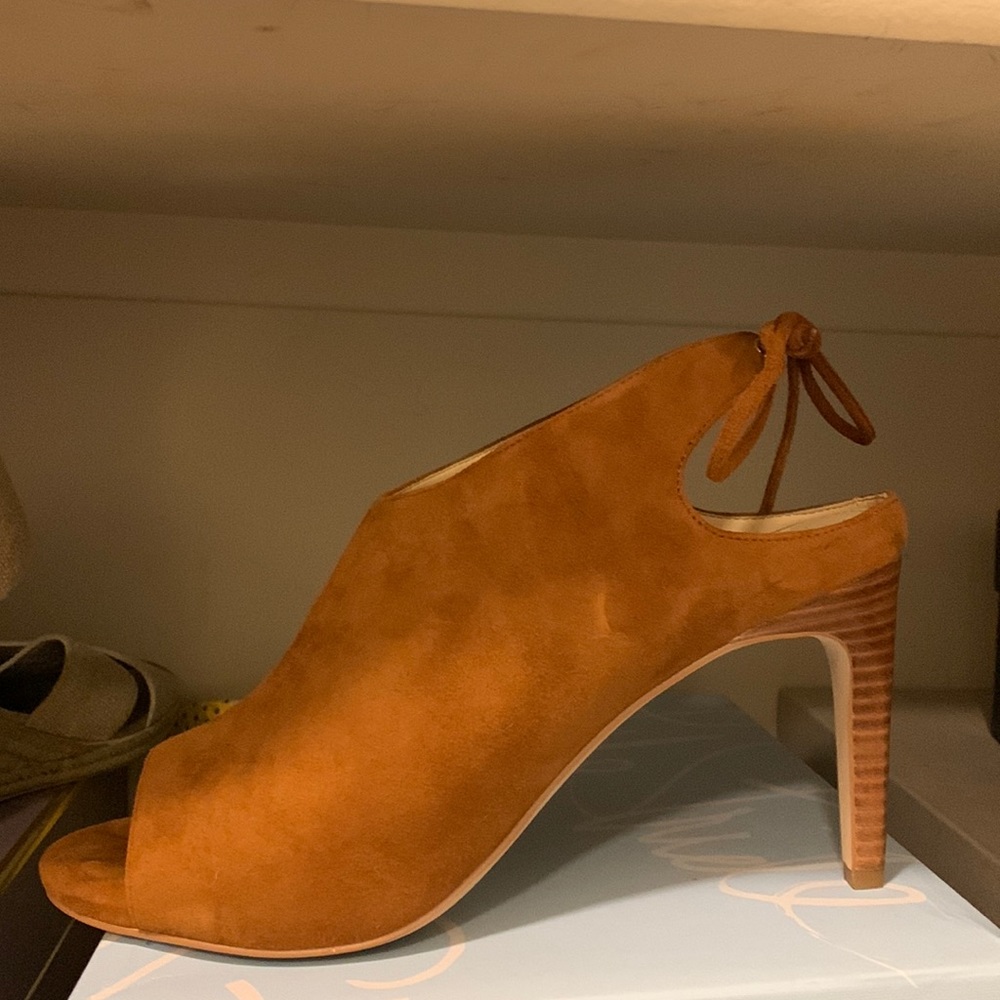 Cole Haan brown suede open toed bootie heels